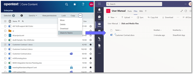 A screenshot demonstrating how to share documents from Core Content to Microsoft teams using the new OpenText Core Content integration.