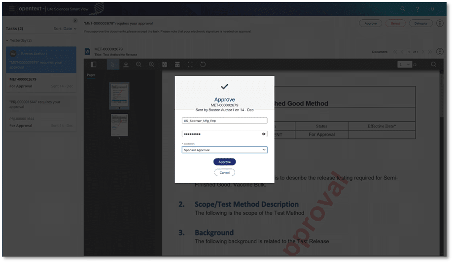 Screenshot demonstrating the task approval user interface within OpenText Documentum for Life Sciences Smart View. 