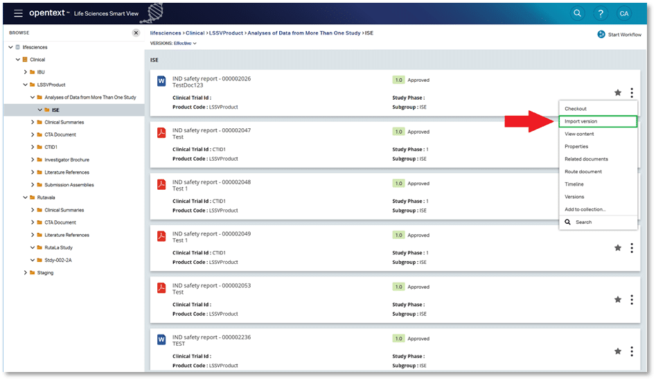 Screenshot demonstrating the "import version" option within OpenText Documentum for Life Sciences Smart View. 