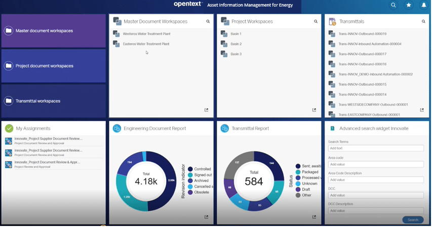 A screenshot showing the user interface of the Asset Information Managment for Energy workspace. 