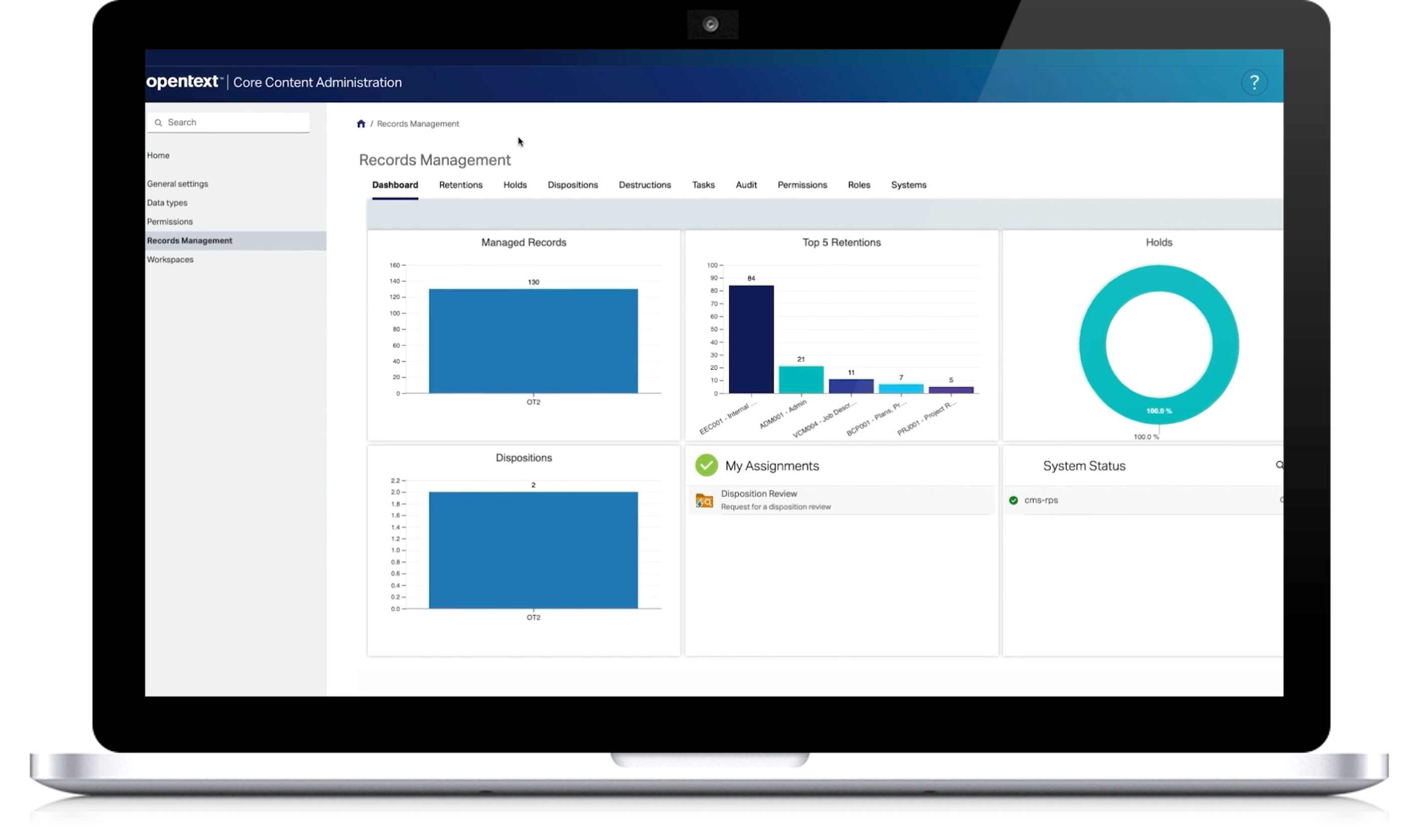 Screenshot showing the OpenText Core Content visual dashboard for information governance. 