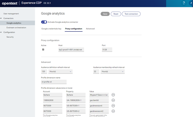 Screen shot showing Google Analytics integration with OpenText Experience CDP CE 22.1 