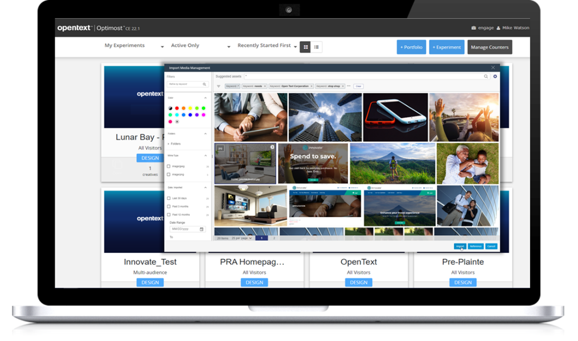 Image shows OpenText TeamSite with the digital asset management media widget open.