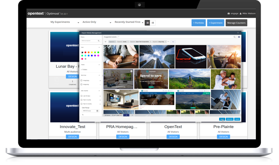 Image shows OpenText TeamSite with the digital asset management media widget open.