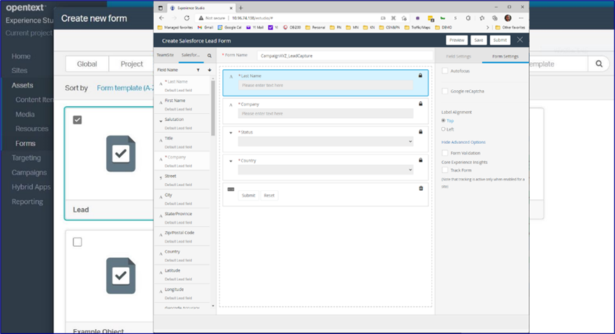 Screen shot shows how to create a new form in the OpenText Experience Studio.