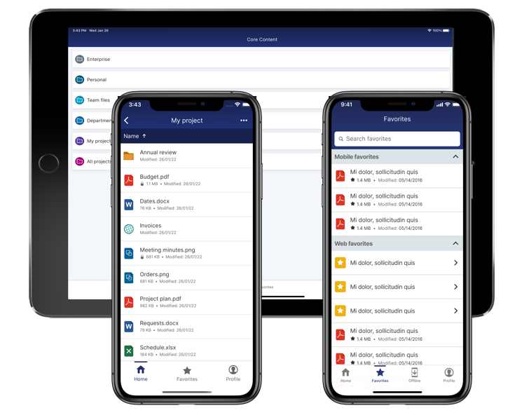 Screenshots demonstrating how OpenText Core Content provides an enhanced iOS application for mobile and iPad with the ability to manage departments, projects and favorites. 