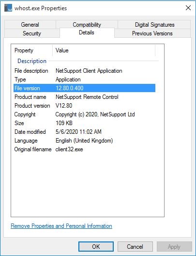 Screenshot displays NetSupport client metadata showing original name after renaming
