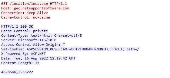 The screenshot displays code that shows after installation NetSupport attempts to identify the user’s geo-location