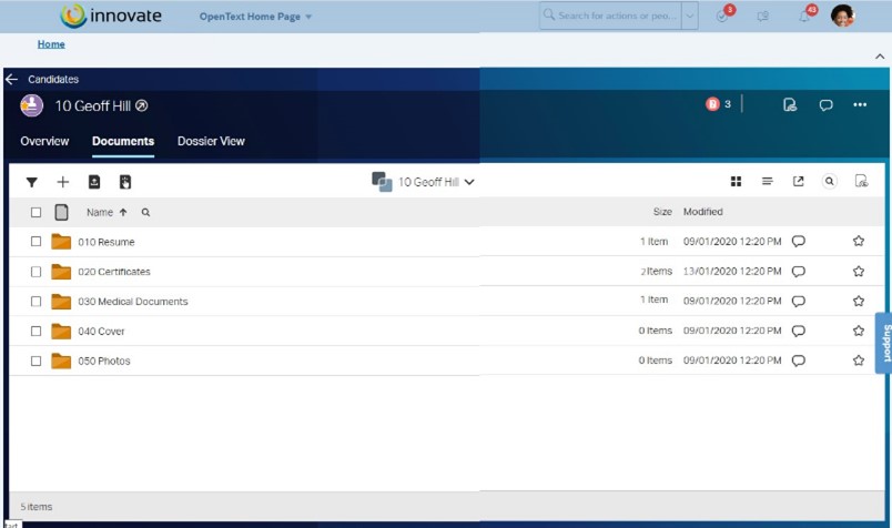 A screenshot of the central workspace where users can quickly find candidate documents.