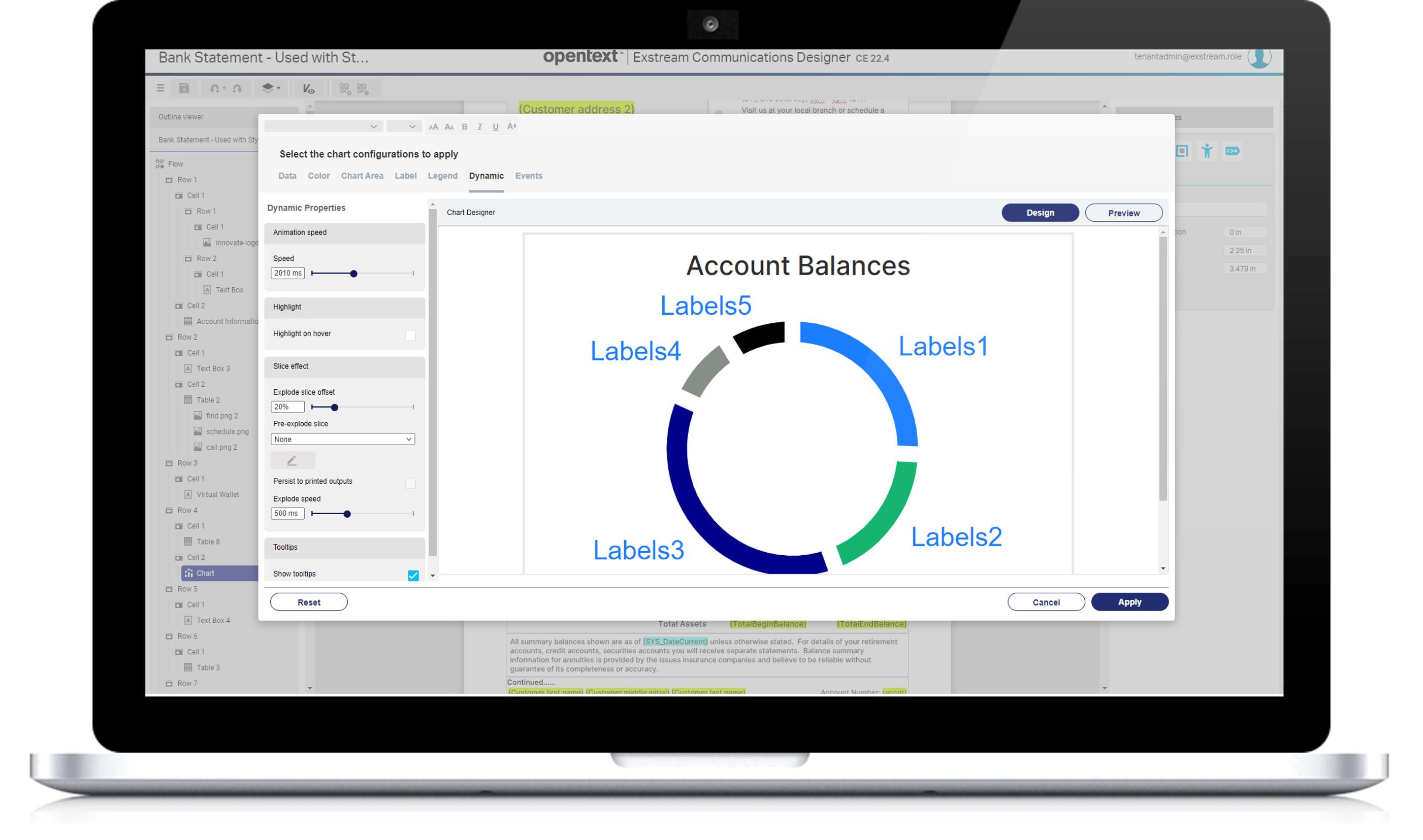 A laptop displays Exstream's digital-first design and charting capability. 