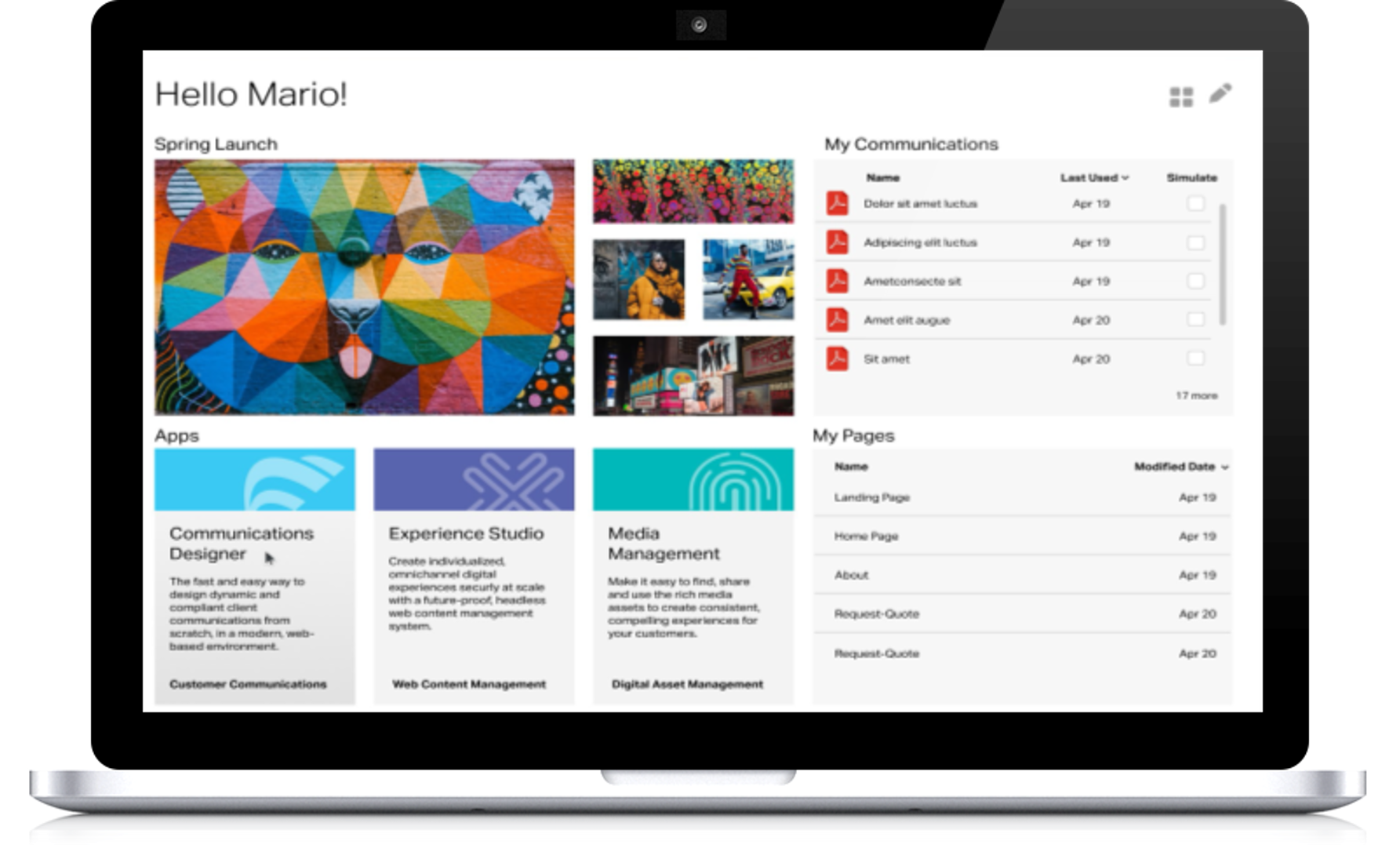 Laptop displays the customizable UX in Experience CXM and Experience DXM.