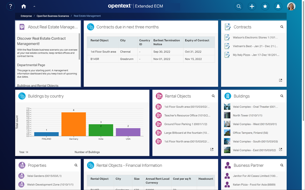 A screenshot showing how the Real Estate Management Business Scenario user interface shows mission-critical documents. 