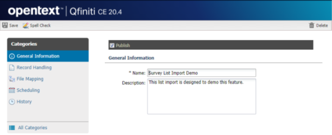 Screen shot displays survey list import - general tab.