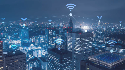 Decorative image of a city connected by wifi points