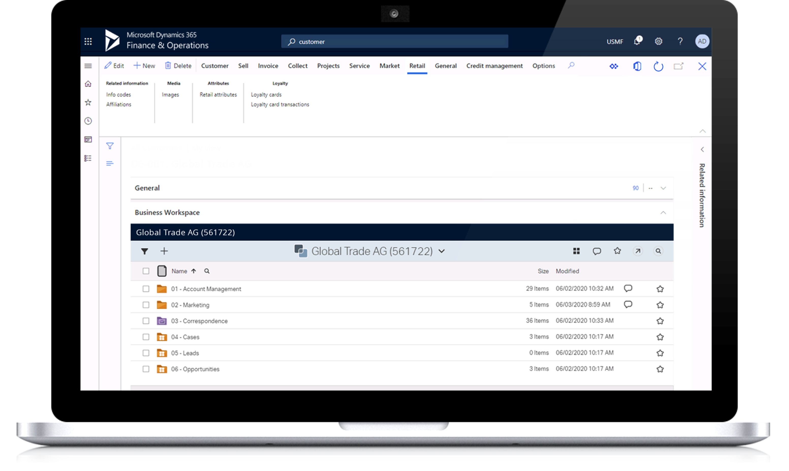 Screenshot demonstrating how content is managed within Extended ECM and displayed within with Microsoft Dynamics 365 Finance business application.