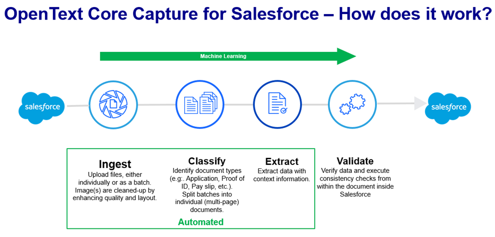 A diagram that shows how OpenText Core Capture for Salesforce works using machine learning to ingest, classify, extract and validate information. 