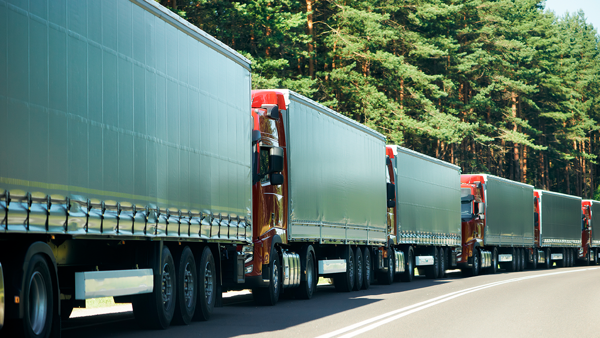 Line of trucks stalled on a highway