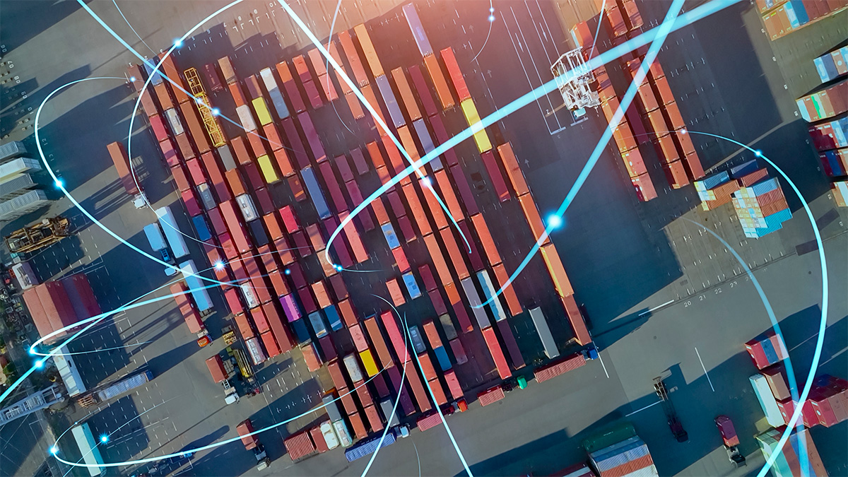 Image of a container yard with lines representing technology and yard communications overlaid.