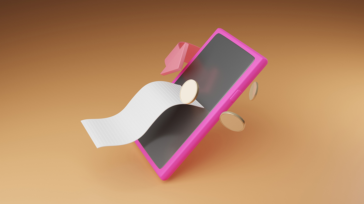 A smartphone with illustrated graphics showing coins and a receipt moving through the phone.