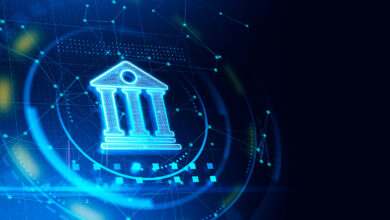 Image of a glowing blue bank icon