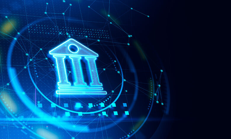 Image of a glowing blue bank icon