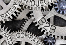 An image of a series of intertwined gears labelled B2B, company etc. suggesting integration.