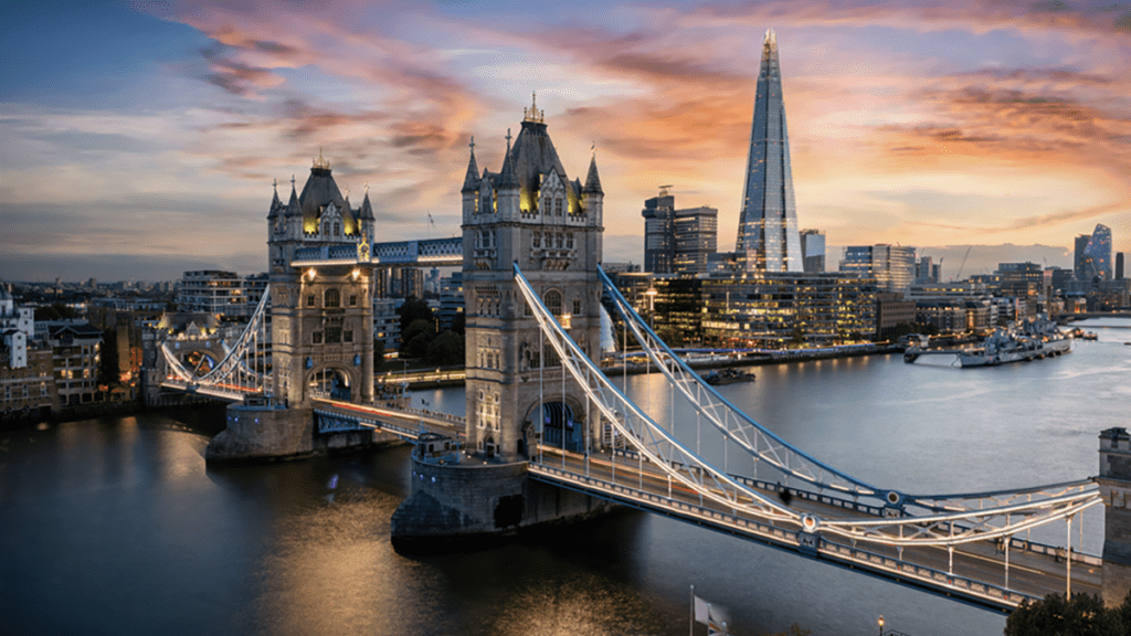 Tower Bridge in London with evening sky