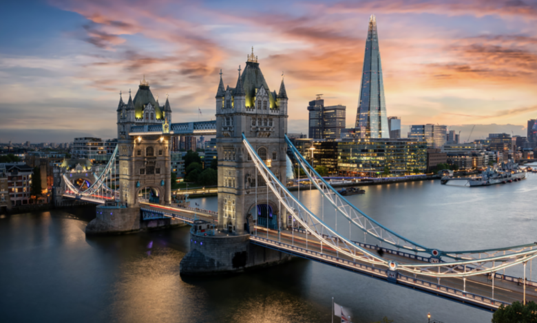 Tower Bridge in London with evening sky