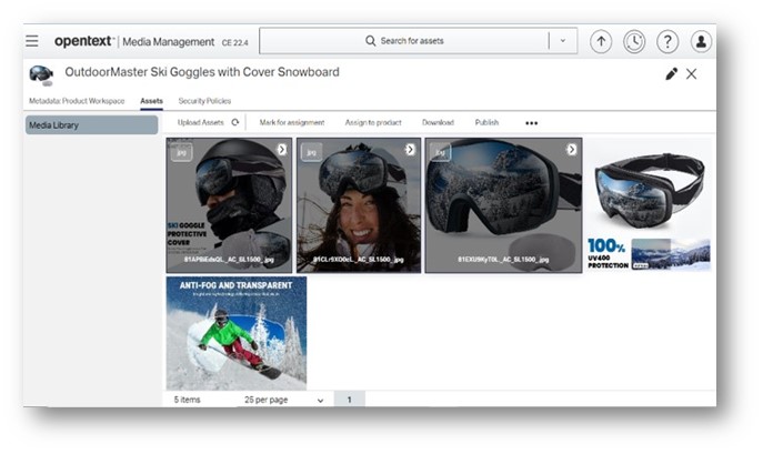 SAP Digital Asset Management Product Workplace image. Demonstrates the concept of workspace with the three different sections (Product Data, Content and Teams).