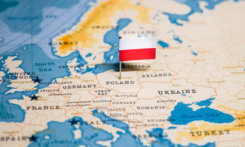 This is an image of the map of Europe with the flag of Poland pinned to it.