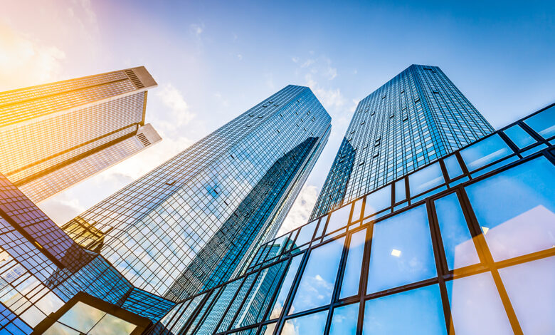 This is an image of skyscrapers looking from the bottom up.