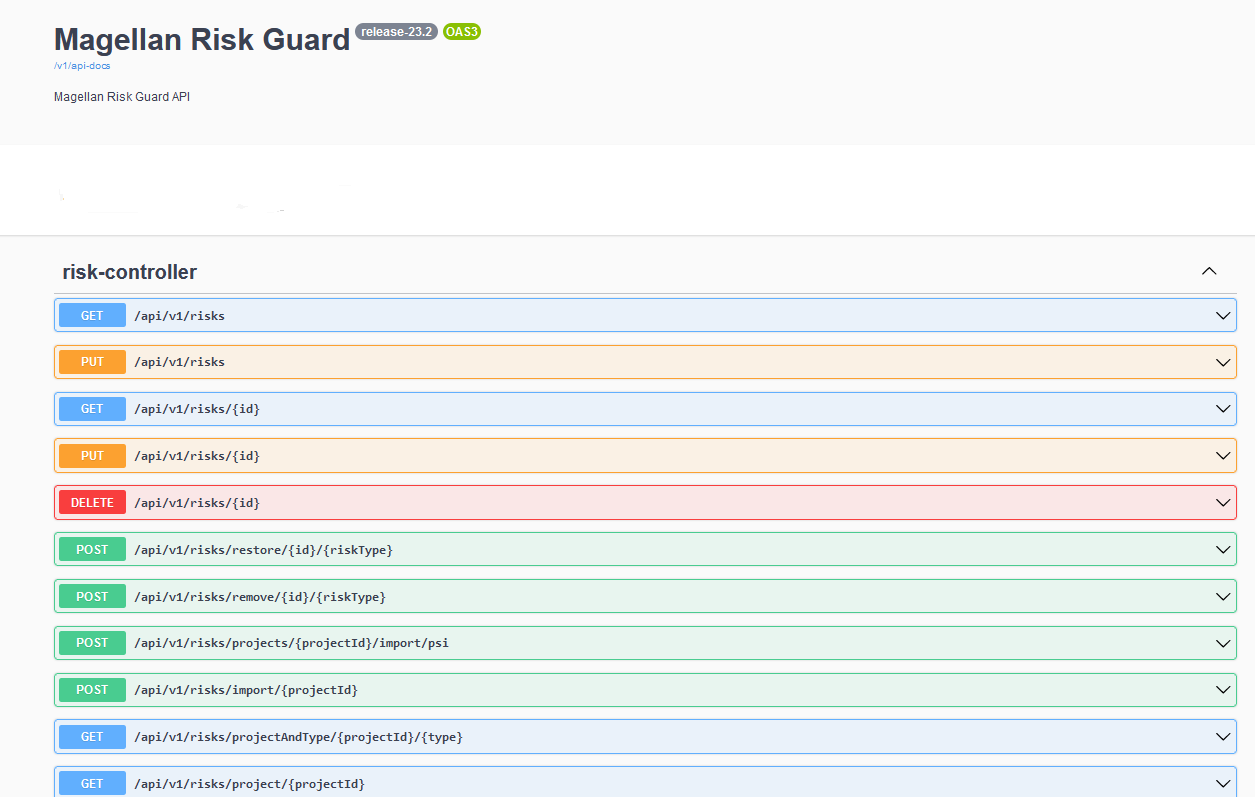 screenshot of OpenText Magellan Risk Guard CE 23.2 with colorful list of headless REST API 