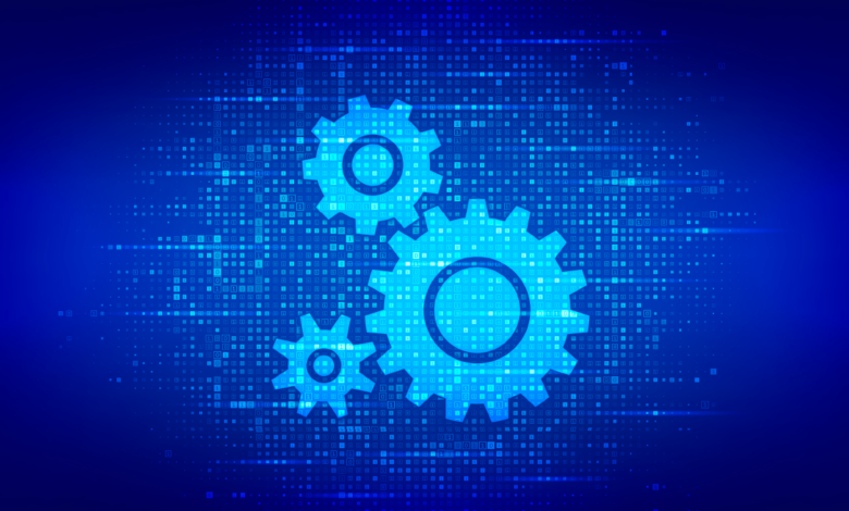 Image of gears and binary code to illustrate digital process automation.