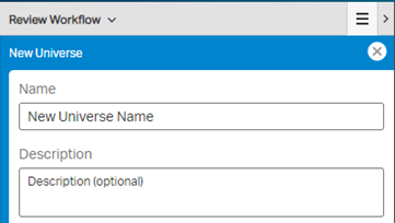 Screen image showing fields for New Universe Name and optional description.