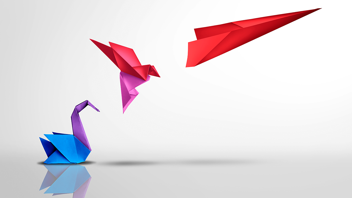 Image shows an origami crane transforming into a paper airplane.