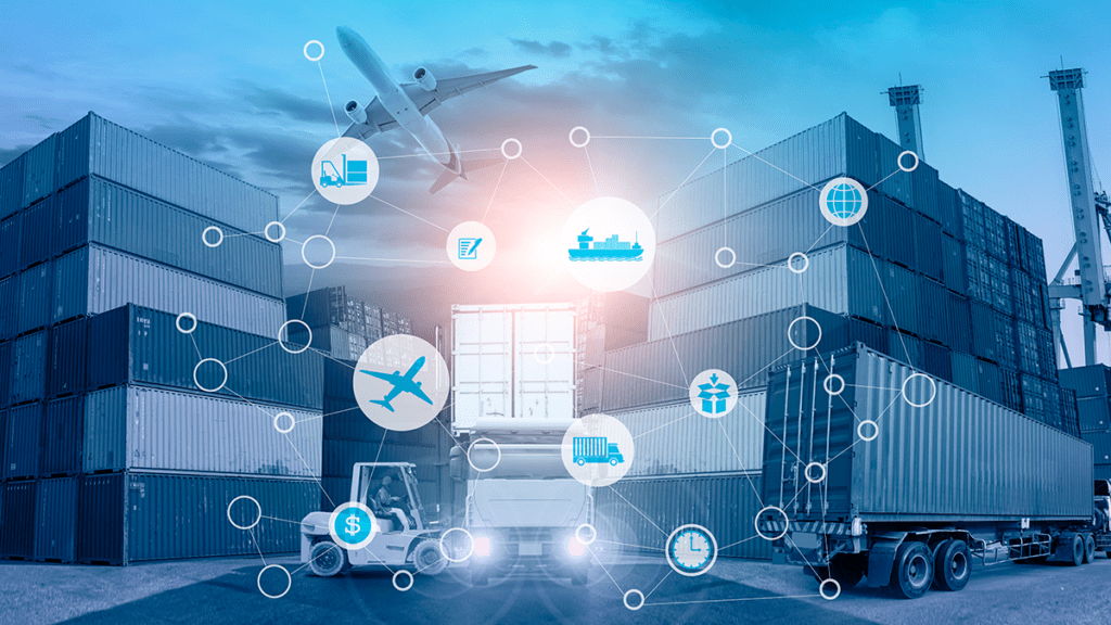 This is an image of trucks at a loading dock overlaid with treasury icons.