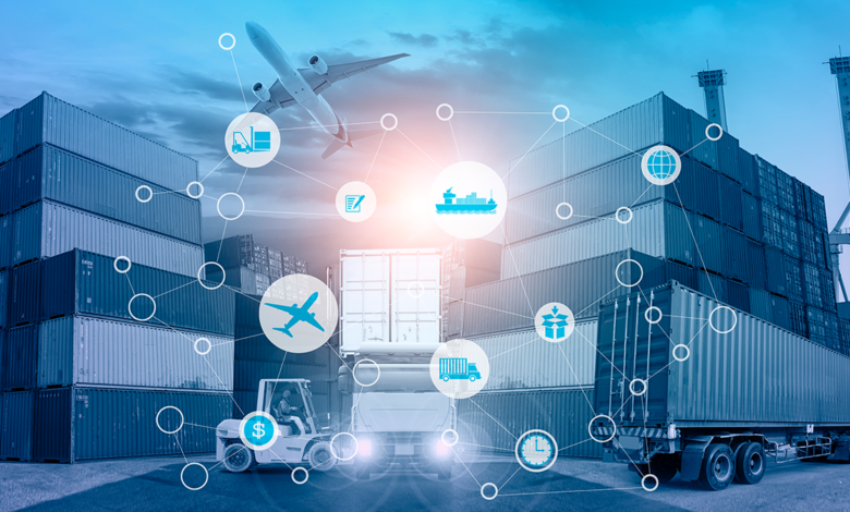 This is an image of trucks at a loading dock overlaid with treasury icons.