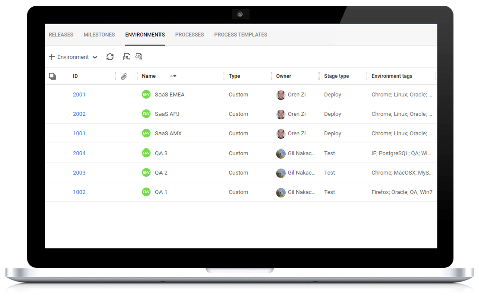 screenshot of ValueEdge CE 23.3 displaying ID, Name, Type, Owner, Stage type, Environmental tags, ...