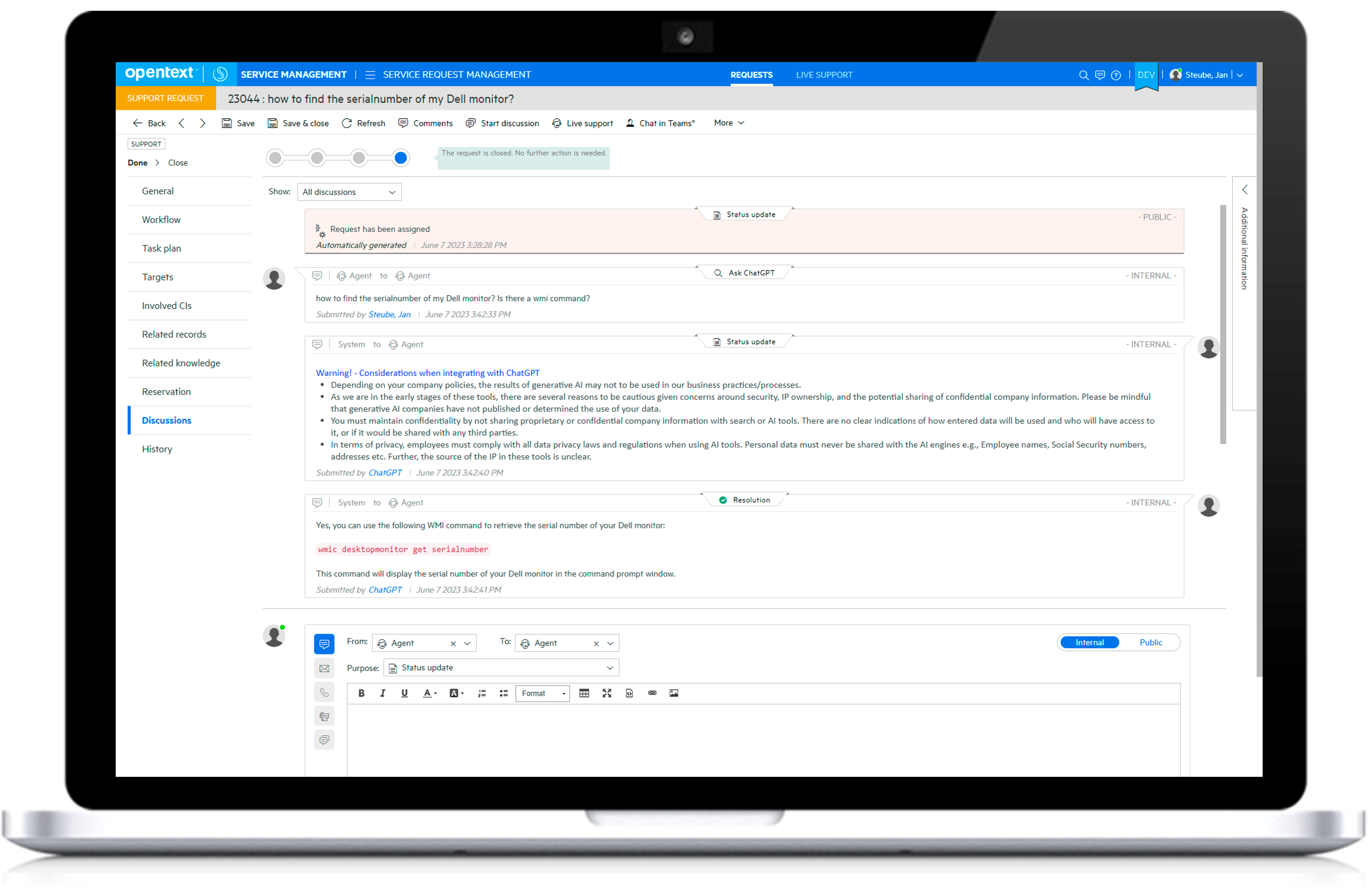 Service desk agent uses ChatGPT from SMAX, with Ask and Resolution space in one pane. Example help desk agent use of a private LLM generative AI virtual agent.