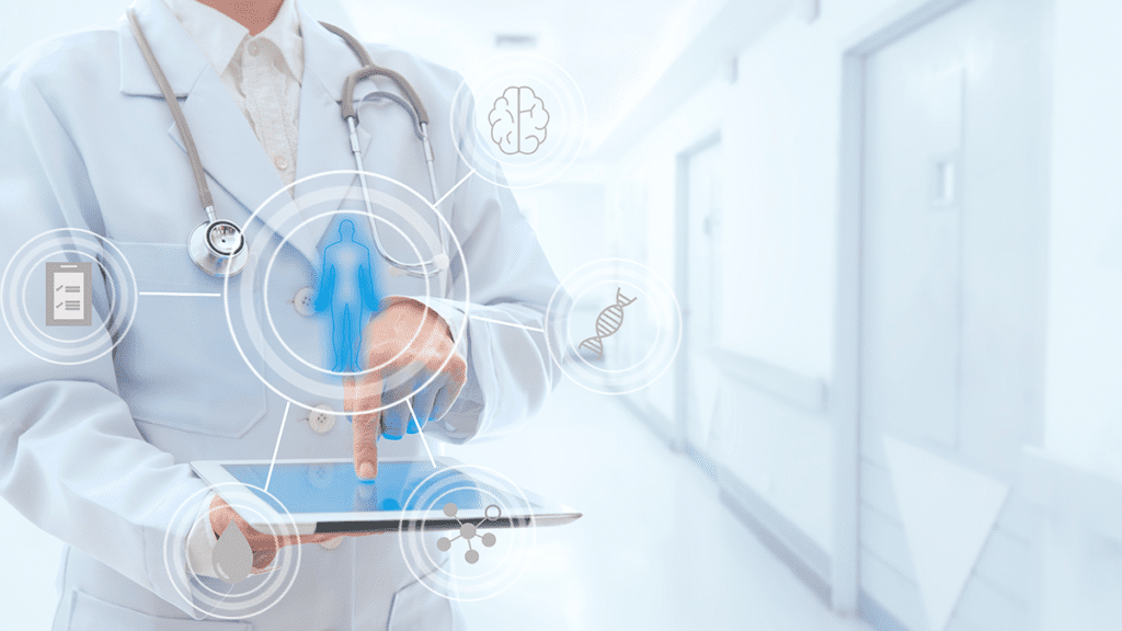 Image of a medical professional using smart technology for patient care