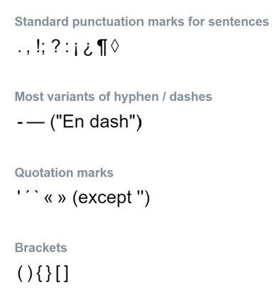Screen image showing punctuation found within body of term