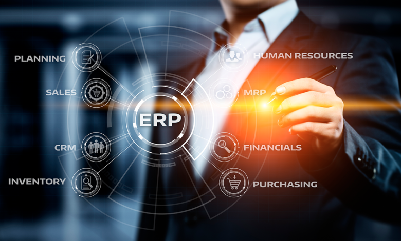 This image demonstrates the simplicity of the OpenText NetSuite solution with a man behind stylized ERP options.
