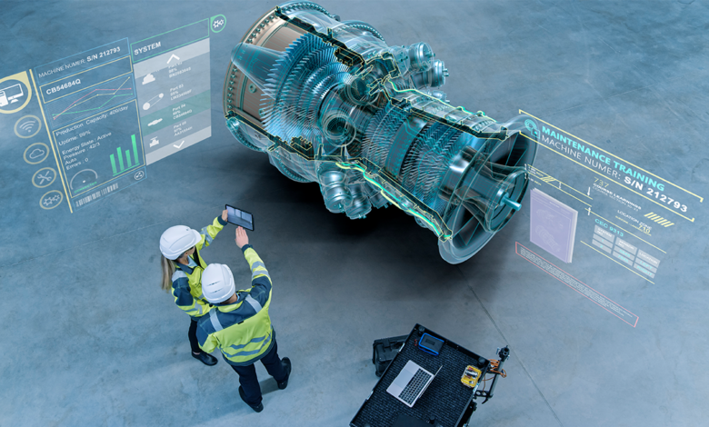 Engineering professionals monitoring digitized product information management