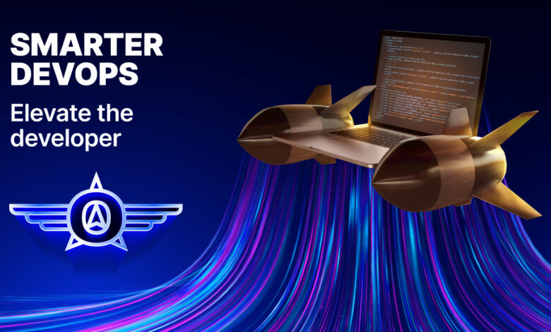 Text: Smarter DevOps: Elevate the developer A laptop is in mid-flight and has turbine engines on either side of it.