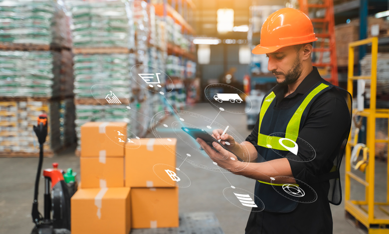 Image of a man checking inventory in a warehouse with an overlay image representing the global retail supply chain.