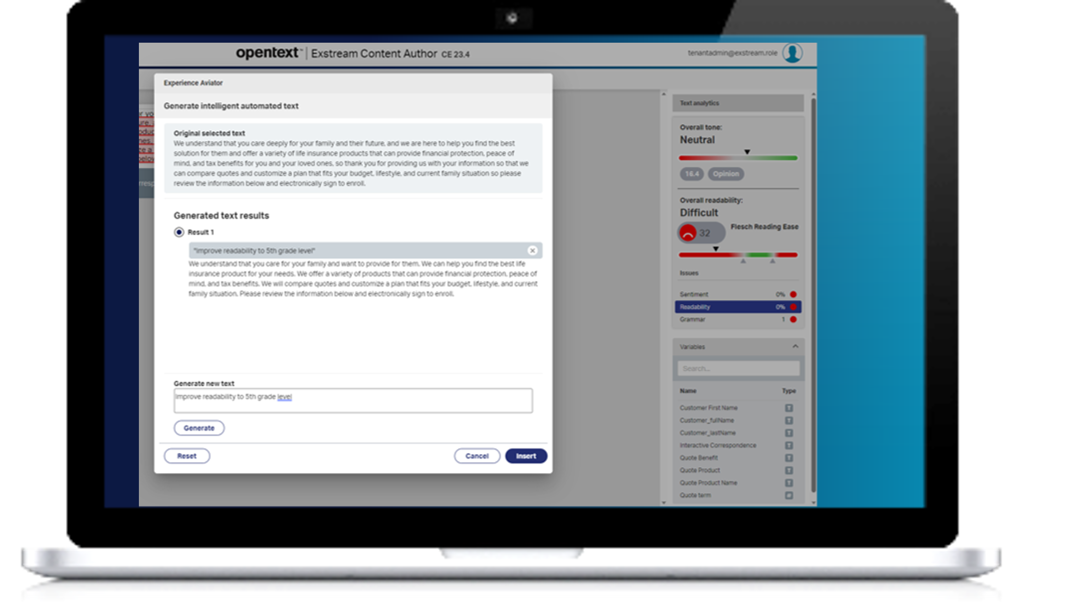 Screenshot displayed on a laptop shows Experience Aviator providing AI-powered content suggestions in the authoring environment of OpenText Exstream 23.4.