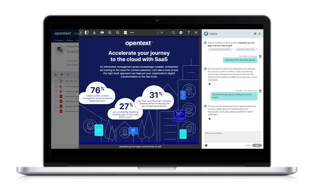 Content Aviator uses conversational search to summarize documents and find key content within your documents, quickly and easily.