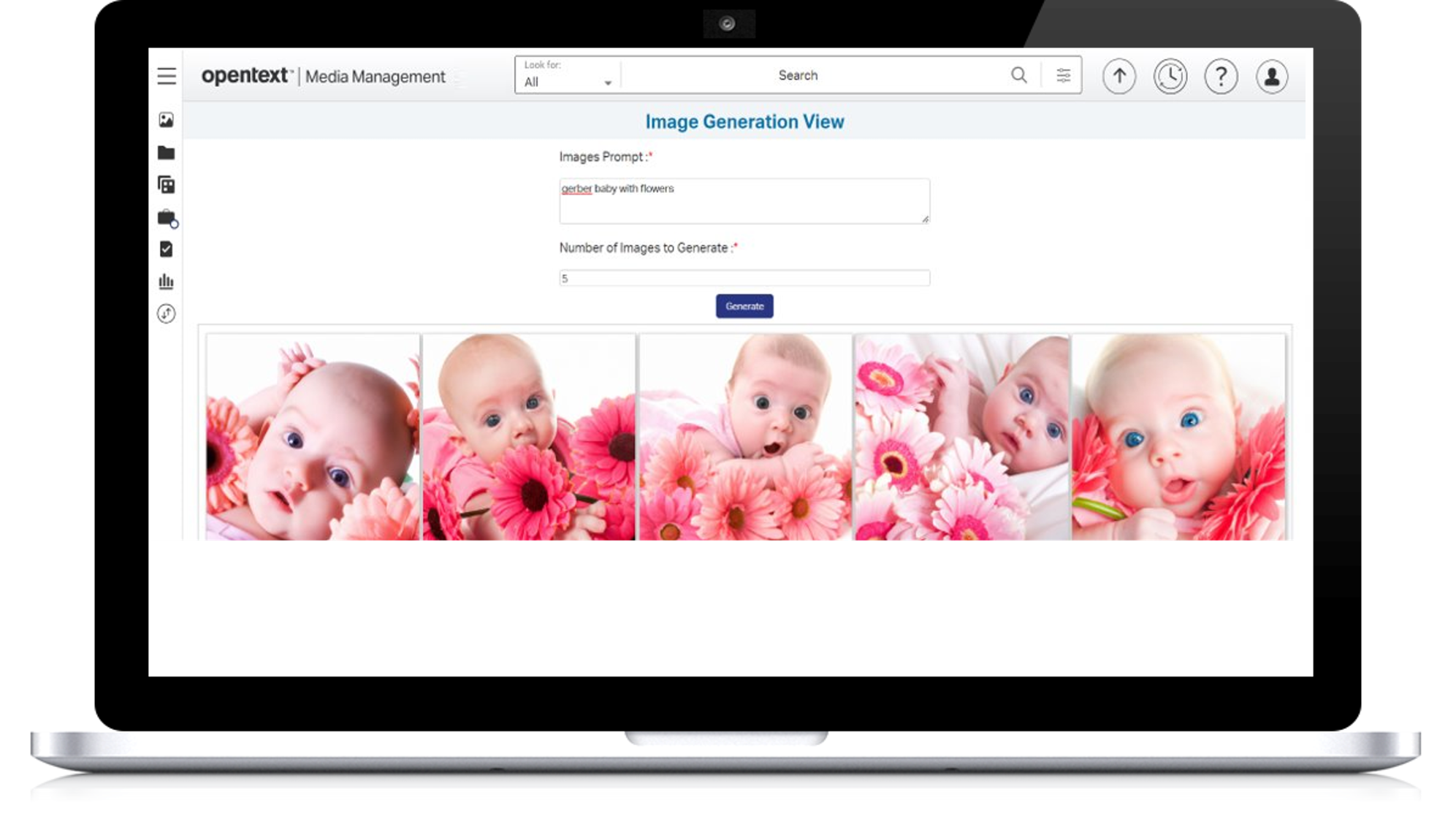 Screenshot displays Experience Aviator providing AI-powered image generation suggestions in OpenText Media Management 23.4. 