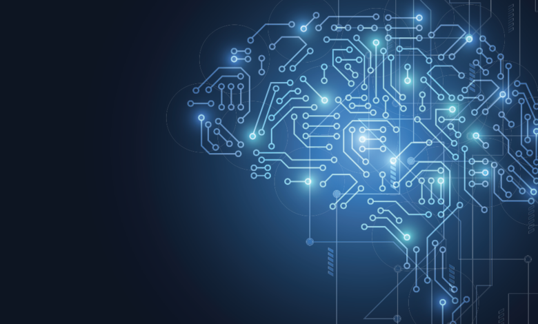 an illustration of a brain made of code, with a dark background