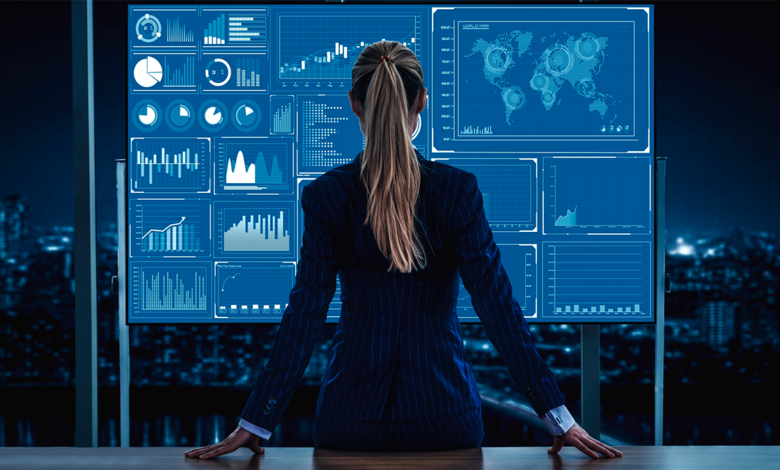 This is an image of a woman in front of a large screen filled with data on risk exposure.